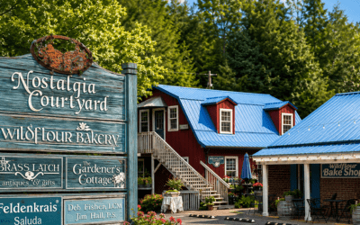 Nostalgia Courtyard Featured Image Quaint outdoor bakery storefronts in a blue-roofed courtyard with Nostalgia Courtyard signboards nearby