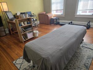 Healing bed inside the treatment room at Healing Currents wellness studio in Saluda, North Carolina.