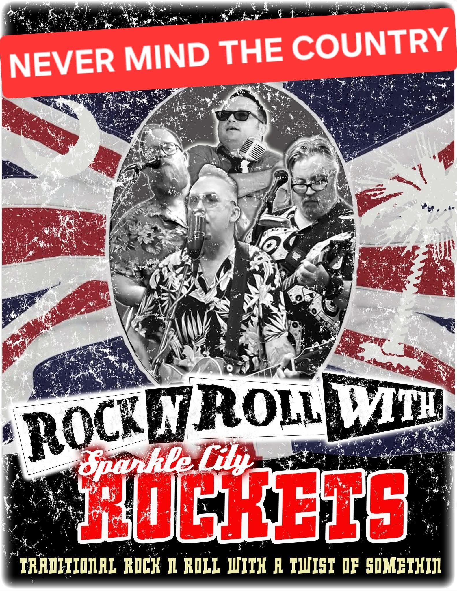 Retro rock 'n' roll poster collage with four singers, vintage mic, UK flag backdrop, distressed texture, and bold