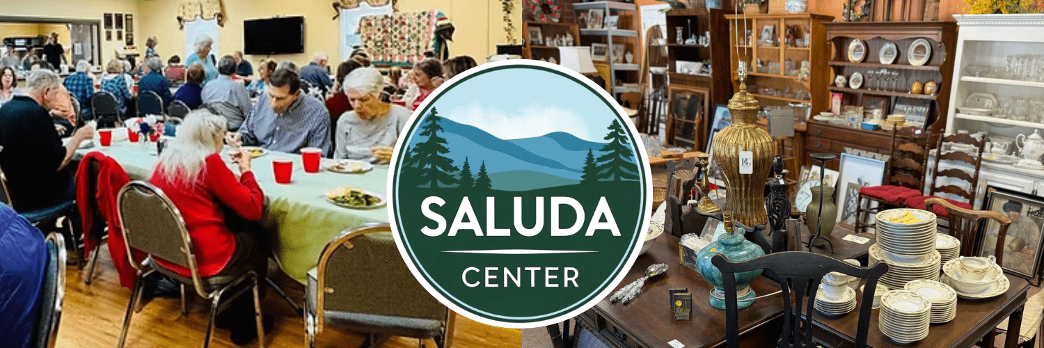 People dining at a community center with a circular Saluda Center logo overlaid; antique shop displays visible on the right.