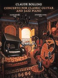 Album cover for Claude Bolling: Concerto for Classical Guitar and Jazz Piano, featuring a lavish room with guitars and a piano among ornate furniture.