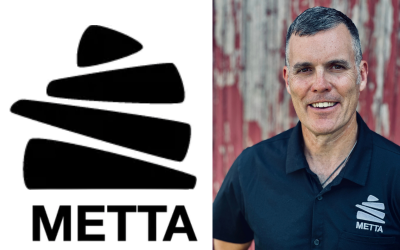 METTA Michael Seiler METTA logo on the left and a smiling man wearing a navy polo with the METTA logo on the right.