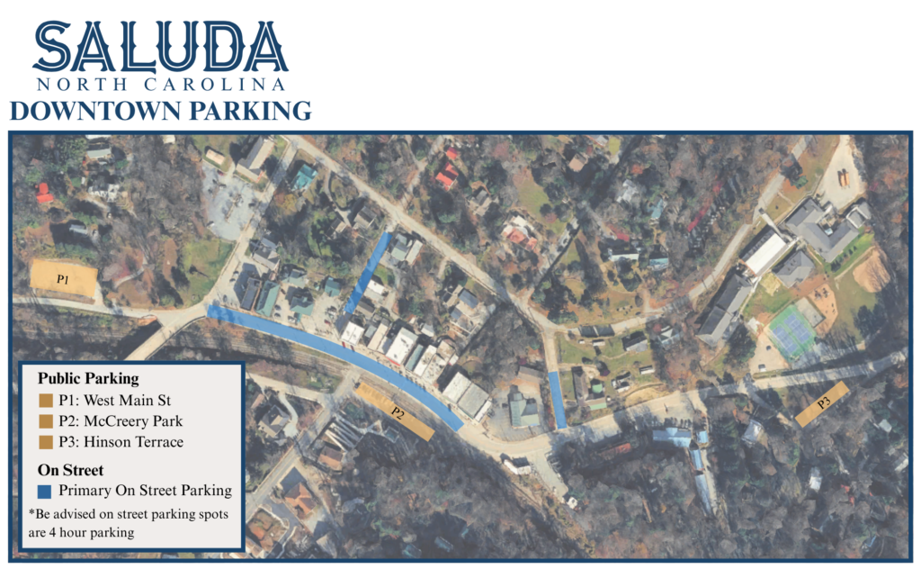 Saluda Parking → Discover Saluda, NC Aerial map of Saluda, NC showing downtown parking areas with a legend for lots P1, P2, and P3 and on-street parking referenced in blue and brown labels.