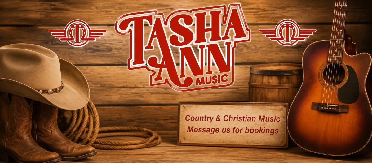 Rustic country music scene with cowboy hat, boots, rope, guitar, and a sign: 'Country & Christian Music — Message us for bookings'.